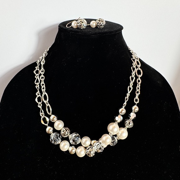 Brighton Pearl Crystal Bead Necklace Earrings Set Silver Tone, Elegant Statement - Picture 8 of 8